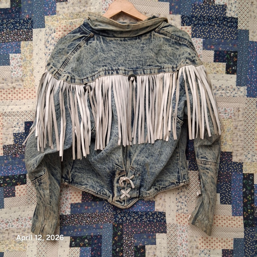 Vintage HAVOC Western Fringe Acid Wash Denim Jacket Womens Size Large 80s BOHO - Picture 2 of 11